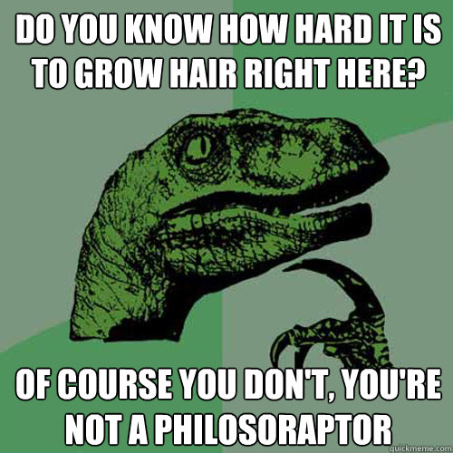 Do you know how hard it is to grow hair right here? of course you don't, you're not a philosoraptor  Philosoraptor