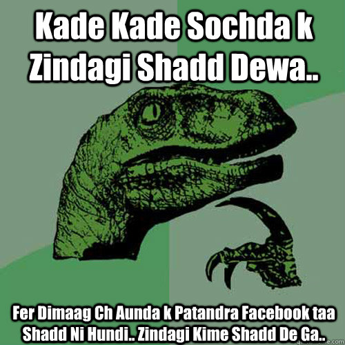 Kade Kade Sochda k Zindagi Shadd Dewa.. Fer Dimaag Ch Aunda k Patandra Facebook taa Shadd Ni Hundi.. Zindagi Kime Shadd De Ga..  Philosoraptor