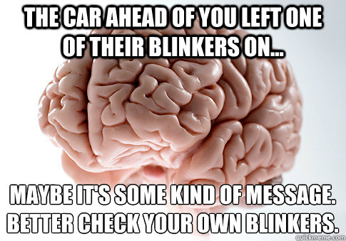 The car ahead of you left one of their blinkers on... Maybe it's some kind of message.
Better check your own blinkers.  Scumbag Brain