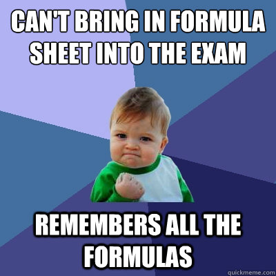 Can't bring in formula sheet into the exam  Remembers all the formulas  Success Kid