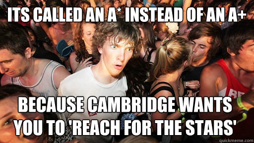 Its called an A* instead of an A+ Because Cambridge wants you to 'reach for the stars'  Sudden Clarity Clarence