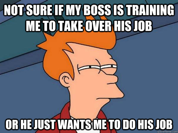 Not sure if my boss is training me to take over his job or he just wants me to do his job - Not sure if my boss is training me to take over his job or he just wants me to do his job  Futurama Fry