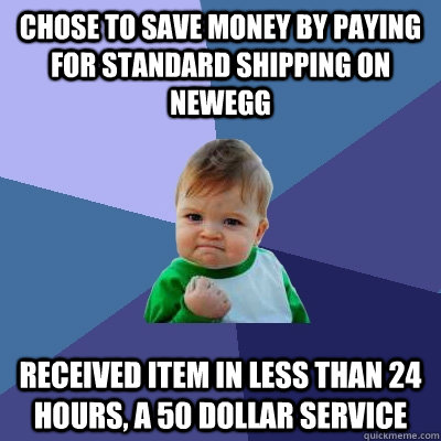 chose to save money by paying for standard shipping on newegg received item in less than 24 hours, a 50 dollar service  Success Kid