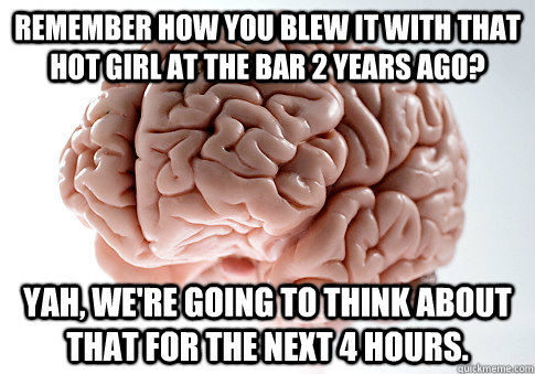 Remember how you blew it with that hot girl at the bar 2 years ago? Yah, we're going to think about that for the next 4 hours.  Scumbag Brain