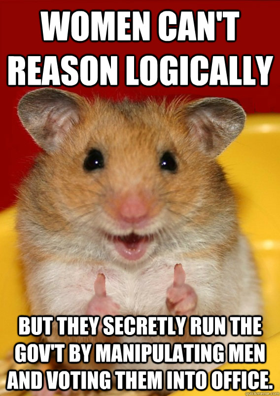 Women can't reason logically But they secretly run the Gov't by manipulating men and voting them into office.   Rationalization Hamster