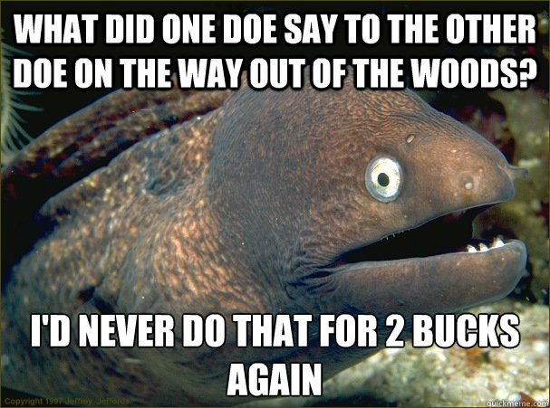 What did one doe say to the other doe on the way out of the woods? I'd never do that for 2 bucks again - What did one doe say to the other doe on the way out of the woods? I'd never do that for 2 bucks again  Bad Joke Eel