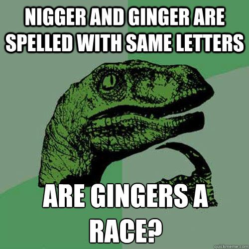 Nigger and ginger are spelled with same letters are gingers a race?
  Philosoraptor