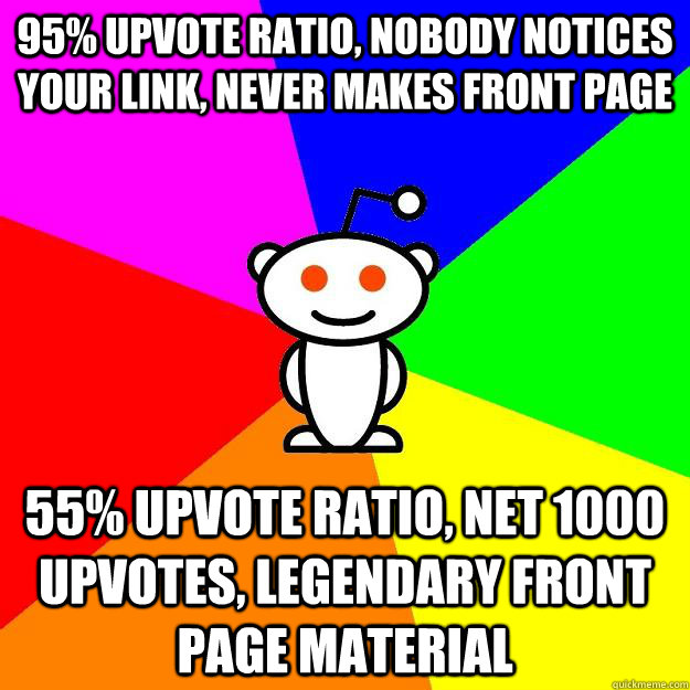 95% upvote ratio, nobody notices your link, never makes front page 55% upvote ratio, net 1000 upvotes, legendary front page material  Reddit Alien