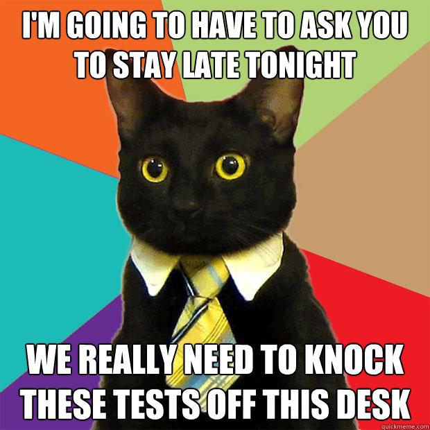 I'm going to have to ask you to stay late tonight We really need to knock these tests off this desk  Business Cat