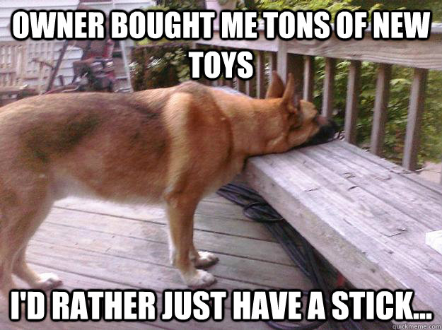 Owner bought me tons of new toys I'd rather just have a stick... - Owner bought me tons of new toys I'd rather just have a stick...  First World Dog problems