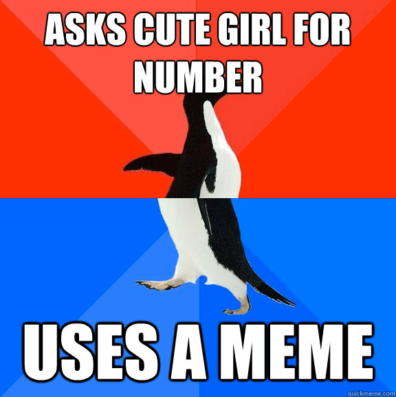 asks cute girl for 
number uses a meme  Socially Awesome Awkward Penguin