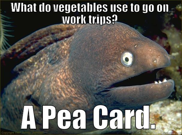 WHAT DO VEGETABLES USE TO GO ON WORK TRIPS? A PEA CARD. Bad Joke Eel