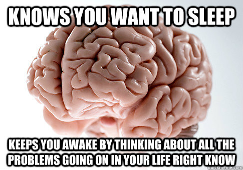 Knows you want to sleep keeps you awake by thinking about all the problems going on in your life right know  Scumbag Brain