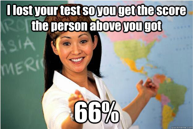 I lost your test so you get the score the person above you got 66%  Scumbag Teacher