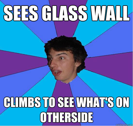 Sees glass wall climbs to see what's on otherside - Sees glass wall climbs to see what's on otherside  Mentally Infeebled Teen