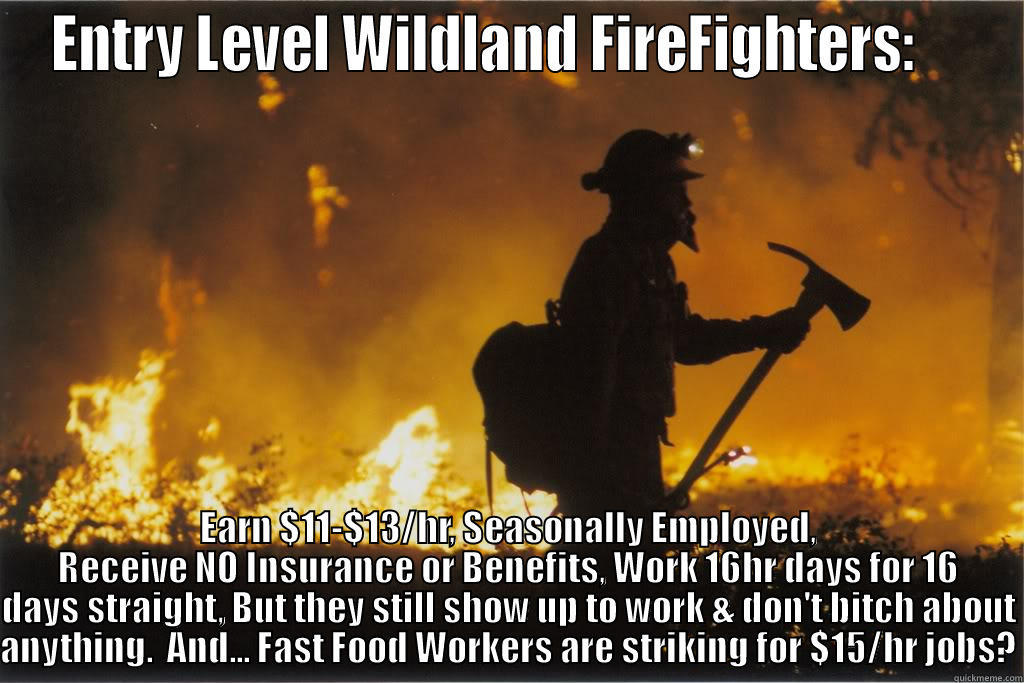 Your Job is Tough? - ENTRY LEVEL WILDLAND FIREFIGHTERS:     EARN $11-$13/HR, SEASONALLY EMPLOYED, RECEIVE NO INSURANCE OR BENEFITS, WORK 16HR DAYS FOR 16 DAYS STRAIGHT, BUT THEY STILL SHOW UP TO WORK & DON'T BITCH ABOUT ANYTHING.  AND... FAST FOOD WORKERS ARE STRIKING FOR $15/HR JOBS? Misc