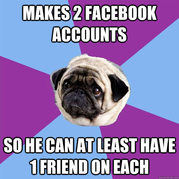 makes 2 facebook accounts so he can at least have 1 friend on each - makes 2 facebook accounts so he can at least have 1 friend on each  Lonely Pug