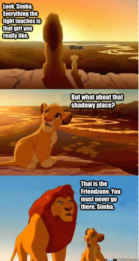 Look, Simba. Everything the light touches is that girl you really like. But what about that shadowy place? That is the Friendzone. You must never go there, Simba.  Mufasa and Simba