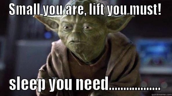 SMALL YOU ARE, LIFT YOU MUST! SLEEP YOU NEED.................. True dat, Yoda.