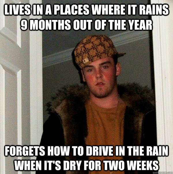 Lives in a places where it rains 9 months out of the year forgets how to drive in the rain when it's dry for two weeks  Scumbag Steve