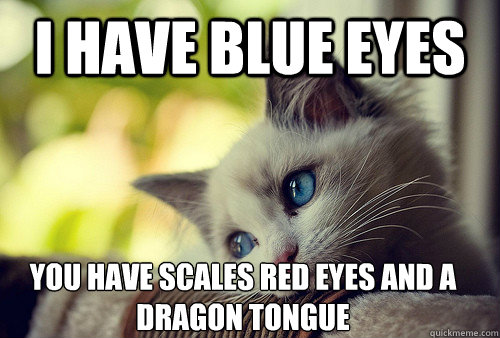 i have blue eyes  you have scales red eyes and a dragon tongue   First World Problems Cat