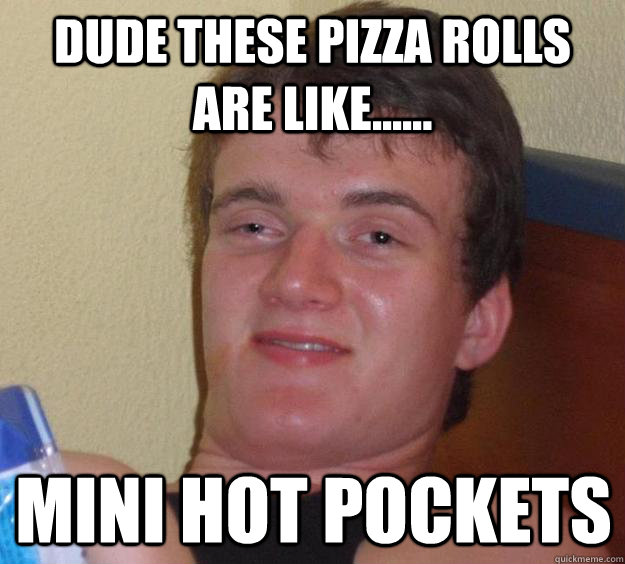 Dude these pizza rolls are like...... mini hot pockets  10 Guy