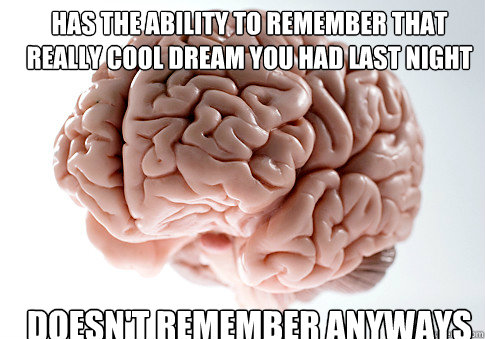 HAS THE ABILITY TO REMEMBER THAT REALLY COOL DREAM YOU HAD LAST NIGHT DOESN'T REMEMBER ANYWAYS - HAS THE ABILITY TO REMEMBER THAT REALLY COOL DREAM YOU HAD LAST NIGHT DOESN'T REMEMBER ANYWAYS  Scumbag Brain