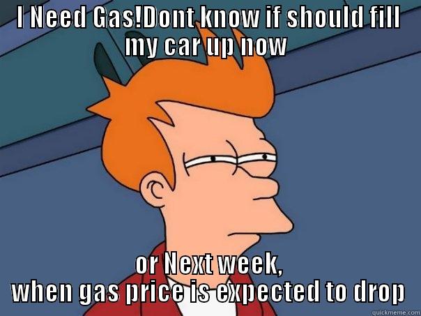 I NEED GAS!DONT KNOW IF SHOULD FILL MY CAR UP NOW  OR NEXT WEEK, WHEN GAS PRICE IS EXPECTED TO DROP Futurama Fry