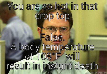 YOU ARE SO HOT IN THAT CROP TOP FALSE. A BODY TEMPERATURE OF 108°F  WILL RESULT IN INSTANT DEATH Schrute