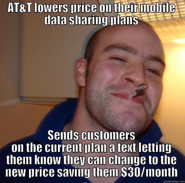 AT&T LOWERS PRICE ON THEIR MOBILE DATA SHARING PLANS SENDS CUSTOMERS ON THE CURRENT PLAN A TEXT LETTING THEM KNOW THEY CAN CHANGE TO THE NEW PRICE SAVING THEM $30/MONTH Good Guy Greg 