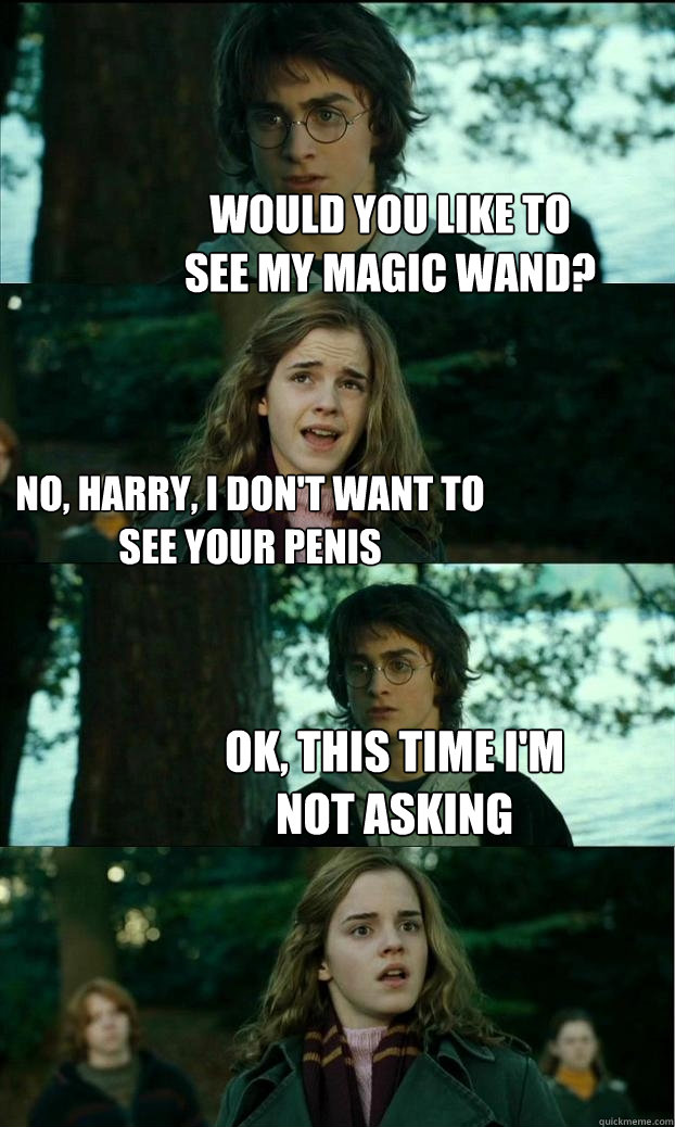 would you like to see my magic wand? no, harry, i don't want to see your penis ok, this time i'm not asking  Horny Harry