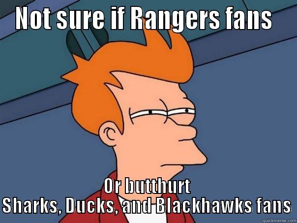 NOT SURE IF RANGERS FANS  OR BUTTHURT SHARKS, DUCKS, AND BLACKHAWKS FANS Futurama Fry