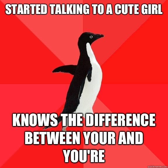 Started talking to a cute girl  Knows the difference between your and you're   Socially Awesome Penguin