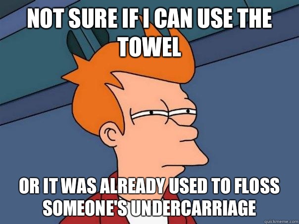 Not sure if I can use the towel Or it was already used to floss someone's undercarriage   Futurama Fry