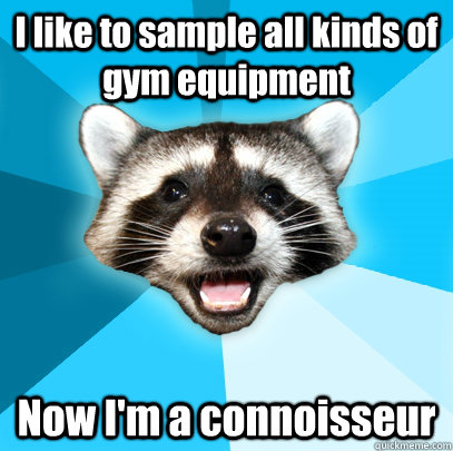 I like to sample all kinds of gym equipment  Now I'm a connoisseur    Lame Pun Coon