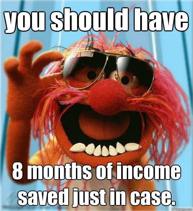 you should have 8 months of income saved just in case. - you should have 8 months of income saved just in case.  Advice Animal