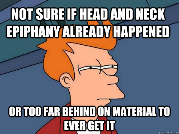 Not sure if head and neck epiphany already happened Or too far behind on material to ever get it  Futurama Fry