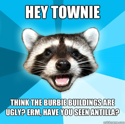 HEY TOWNIE THINK THE BURBIE BUILDINGS ARE UGLY? ERM, HAVE YOU SEEN ANTILLA?  Lame Pun Coon