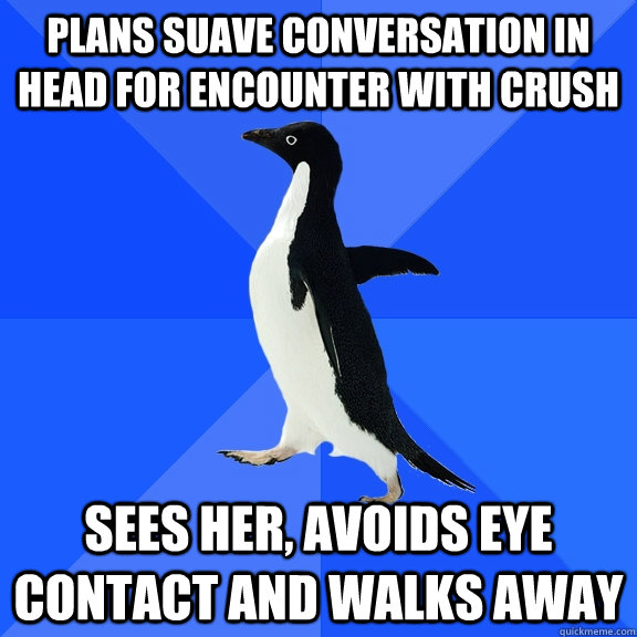 plans suave conversation in head for encounter with crush sees her, avoids eye contact and walks away  Socially Awkward Penguin