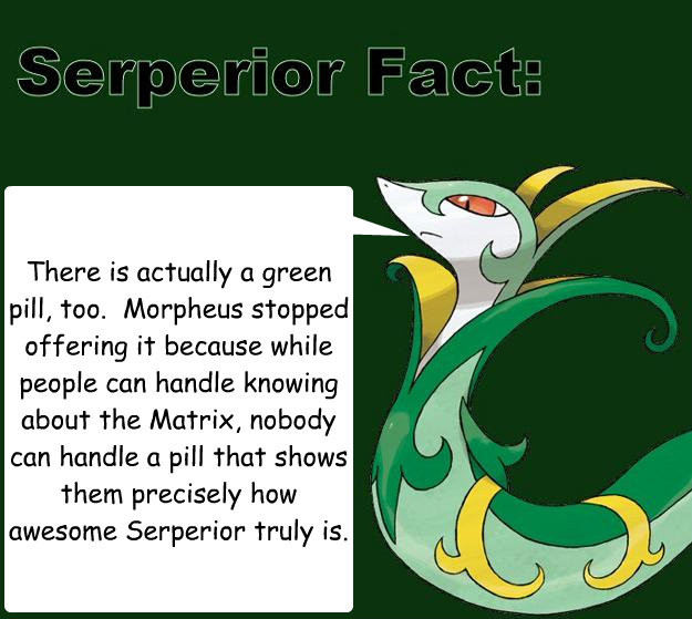 There is actually a green pill, too.  Morpheus stopped offering it because while people can handle knowing about the Matrix, nobody can handle a pill that shows them precisely how awesome Serperior truly is. - There is actually a green pill, too.  Morpheus stopped offering it because while people can handle knowing about the Matrix, nobody can handle a pill that shows them precisely how awesome Serperior truly is.  Serperior Facts