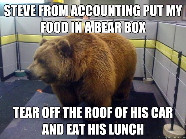 Steve from accounting put my food in a bear box Tear off the roof of his car  and eat his lunch - Steve from accounting put my food in a bear box Tear off the roof of his car  and eat his lunch  Office Grizzly