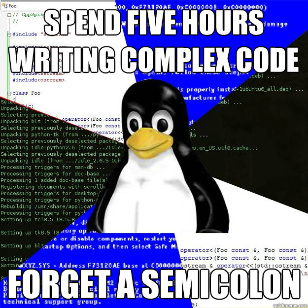 Spend five hours writing complex code Forget a semicolon  Computer Science Penguin