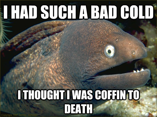 I had such a bad cold I thought I was coffin to death  Bad Joke Eel