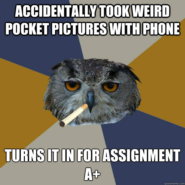 ACCIDENTALLY TOOK WEIRD POCKET PICTURES WITH PHONE TURNS IT IN FOR ASSIGNMENT
a+ - ACCIDENTALLY TOOK WEIRD POCKET PICTURES WITH PHONE TURNS IT IN FOR ASSIGNMENT
a+  Art Student Owl