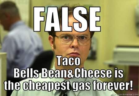 FALSE TACO BELLS BEAN&CHEESE IS THE CHEAPEST GAS FOREVER! Schrute