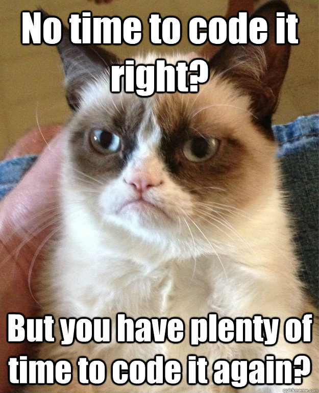 No time to code it right? But you have plenty of time to code it again? - No time to code it right? But you have plenty of time to code it again?  Grumpy Cat