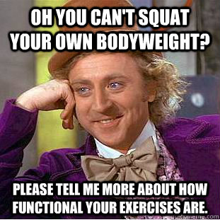 Oh you can't squat your own bodyweight? please tell me more about how functional your exercises are.  Condescending Wonka