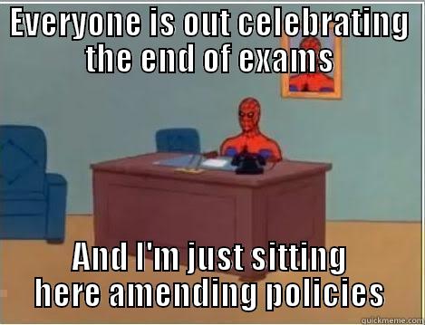 EVERYONE IS OUT CELEBRATING THE END OF EXAMS AND I'M JUST SITTING HERE AMENDING POLICIES Spiderman Desk