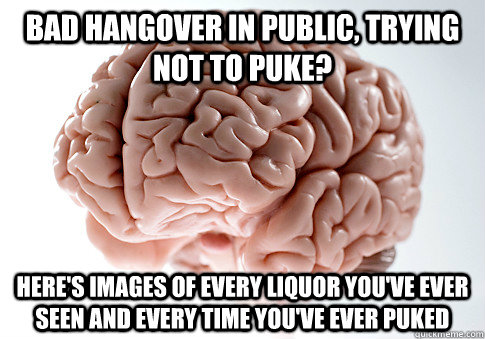 bad hangover in public, trying not to puke? here's images of every liquor you've ever seen and every time you've ever puked  Scumbag Brain