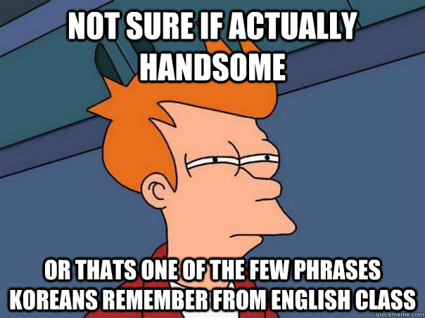 Not sure if actually handsome Or thats one of the few phrases koreans remember from english class - Not sure if actually handsome Or thats one of the few phrases koreans remember from english class  Futurama Fry